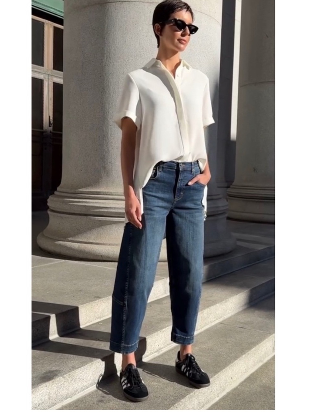 Ruti Look In The Back Blouse M/L White Pleated Short Sleeves Button Up Shirt Top